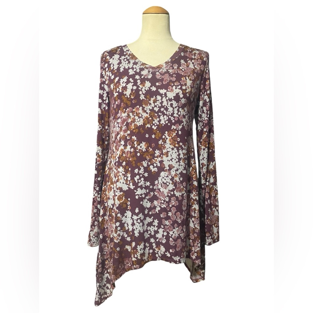 LOGO by Lori Goldstein Floral Burgundy Tunic Blouse Small
